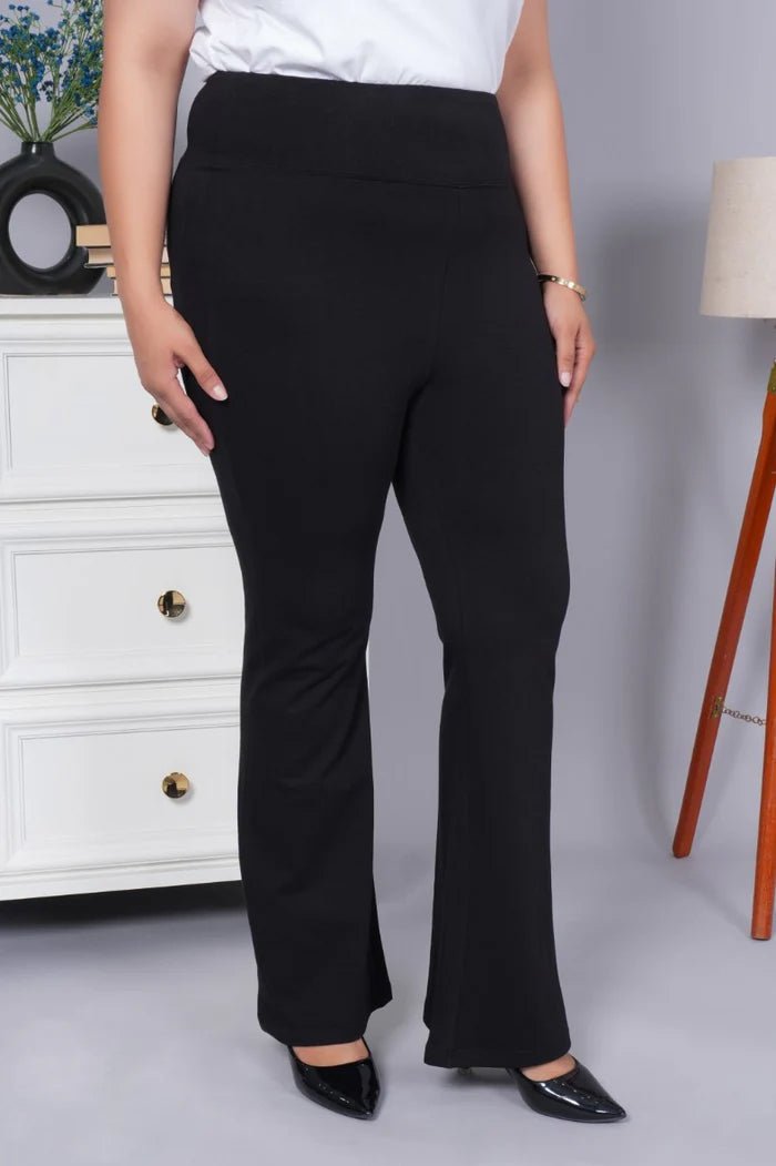 Black stretchable biowash cotton lycra flare legging with superior elastic belt. -Cotton flare