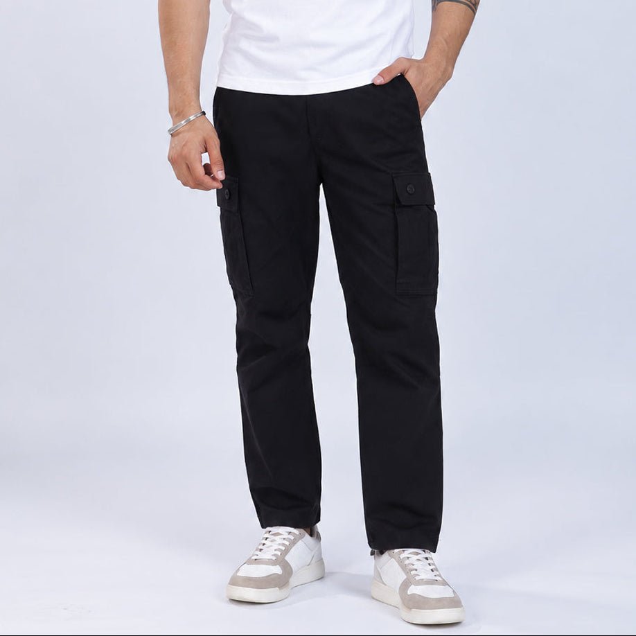 Black stretchable biowash HQ cotton travel cargo bottom with superior elastic belt. -Travel Cargo Pants