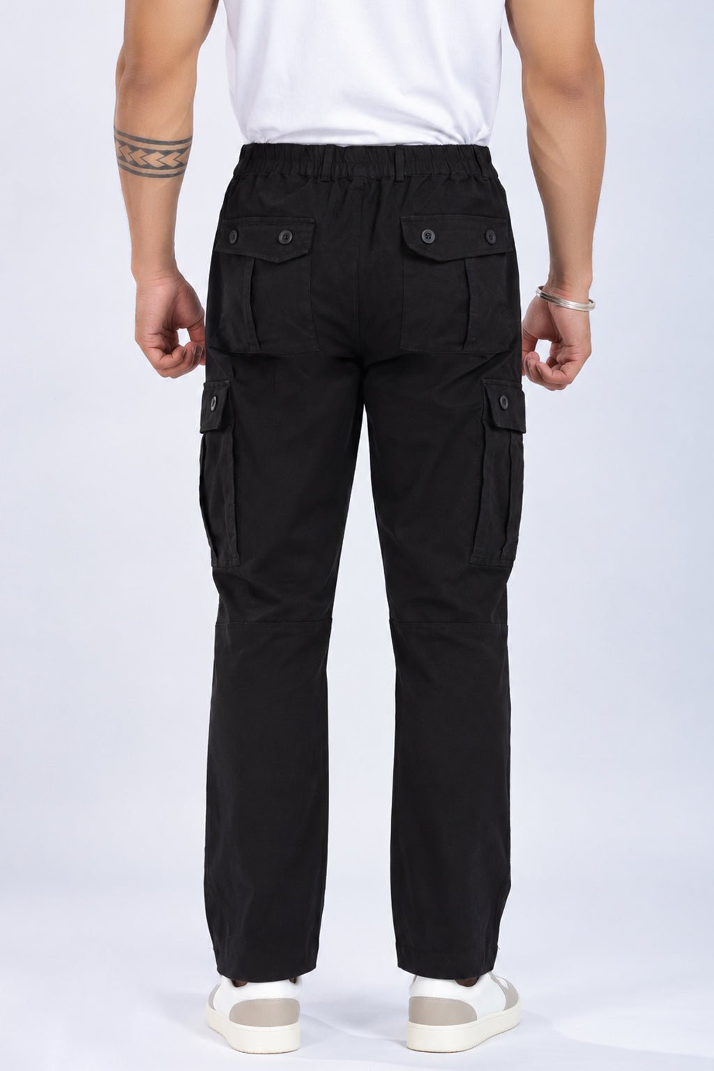 Black stretchable biowash HQ cotton travel cargo bottom with superior elastic belt. -Travel Cargo Pants