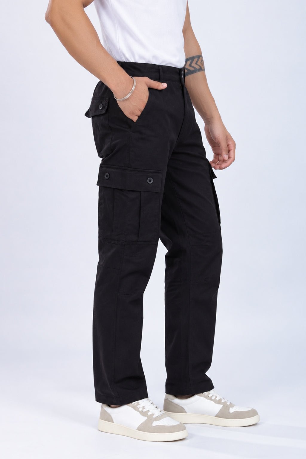 Black stretchable biowash HQ cotton travel cargo bottom with superior elastic belt. -Travel Cargo Pants