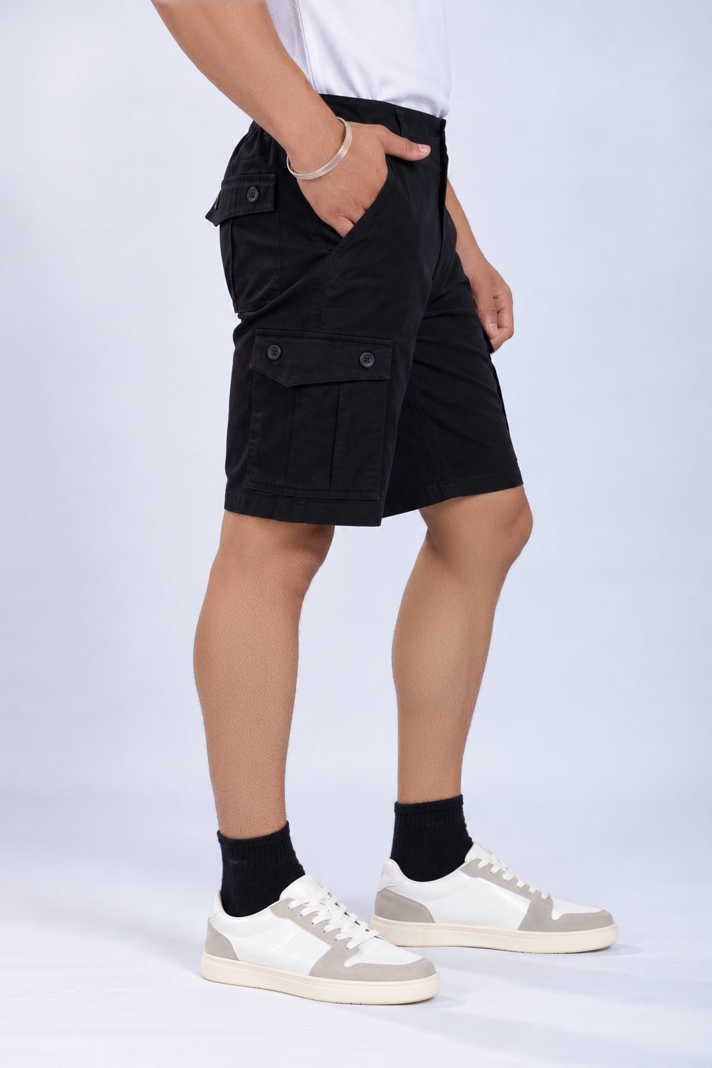 Black stretchable biowash HQ cotton travel shorts with superior elastic belt. -Travel shorts