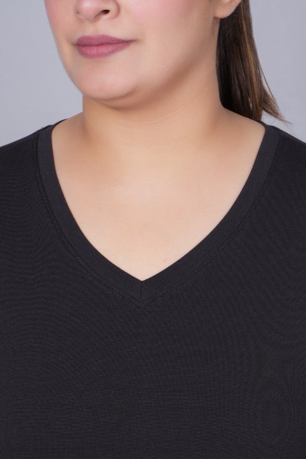 Black v neck cotton t-shirt with pockets - Long cotton v neck t-shirt
