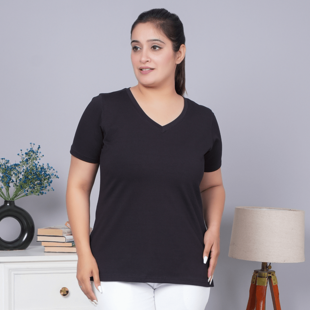 Black v neck cotton t-shirt with pockets - Long cotton v neck t-shirt