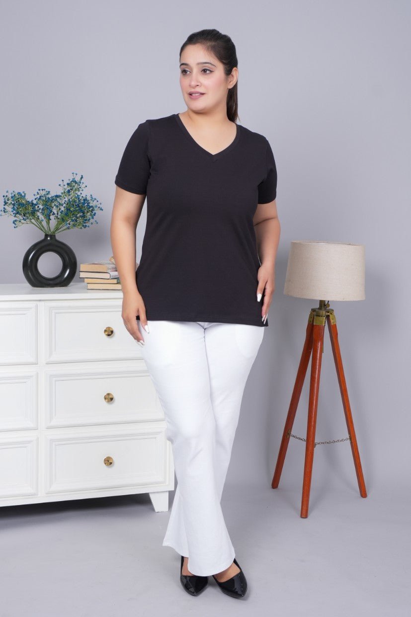 Black v neck cotton t-shirt with pockets - Long cotton v neck t-shirt