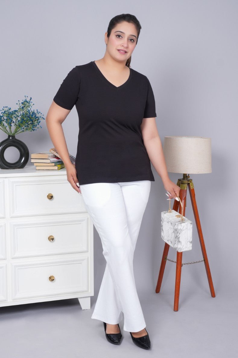 Black v neck cotton t-shirt with pockets - Long cotton v neck t-shirt