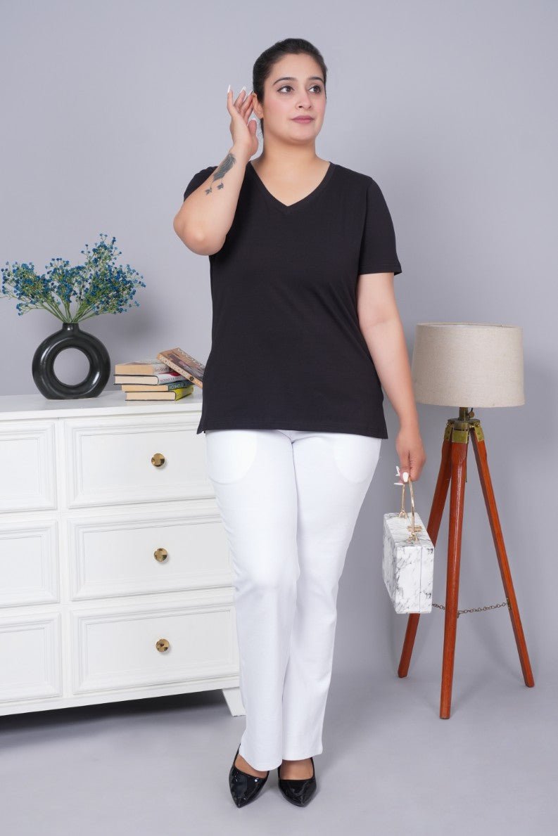 Black v neck cotton t-shirt with pockets - Long cotton v neck t-shirt