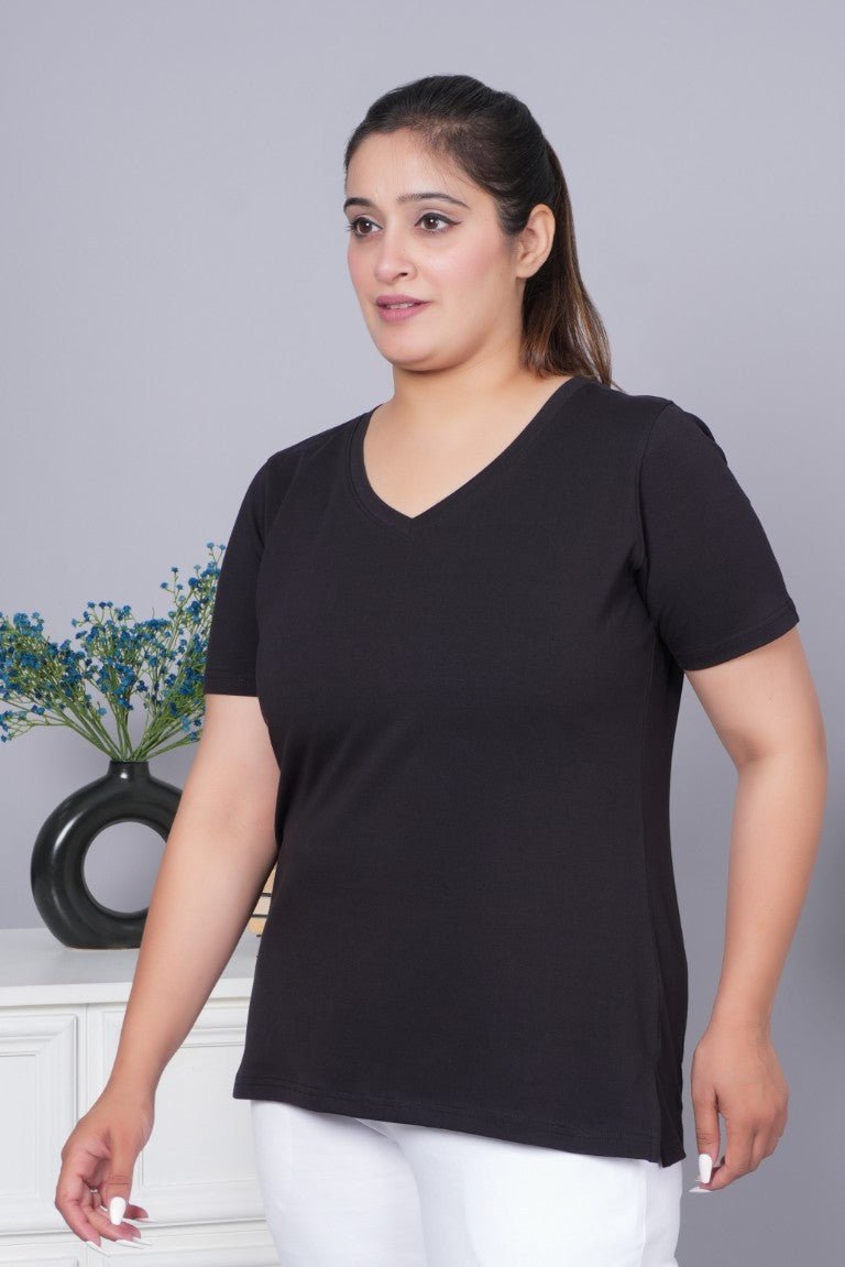 Black v neck cotton t-shirt with pockets - Long cotton v neck t-shirt