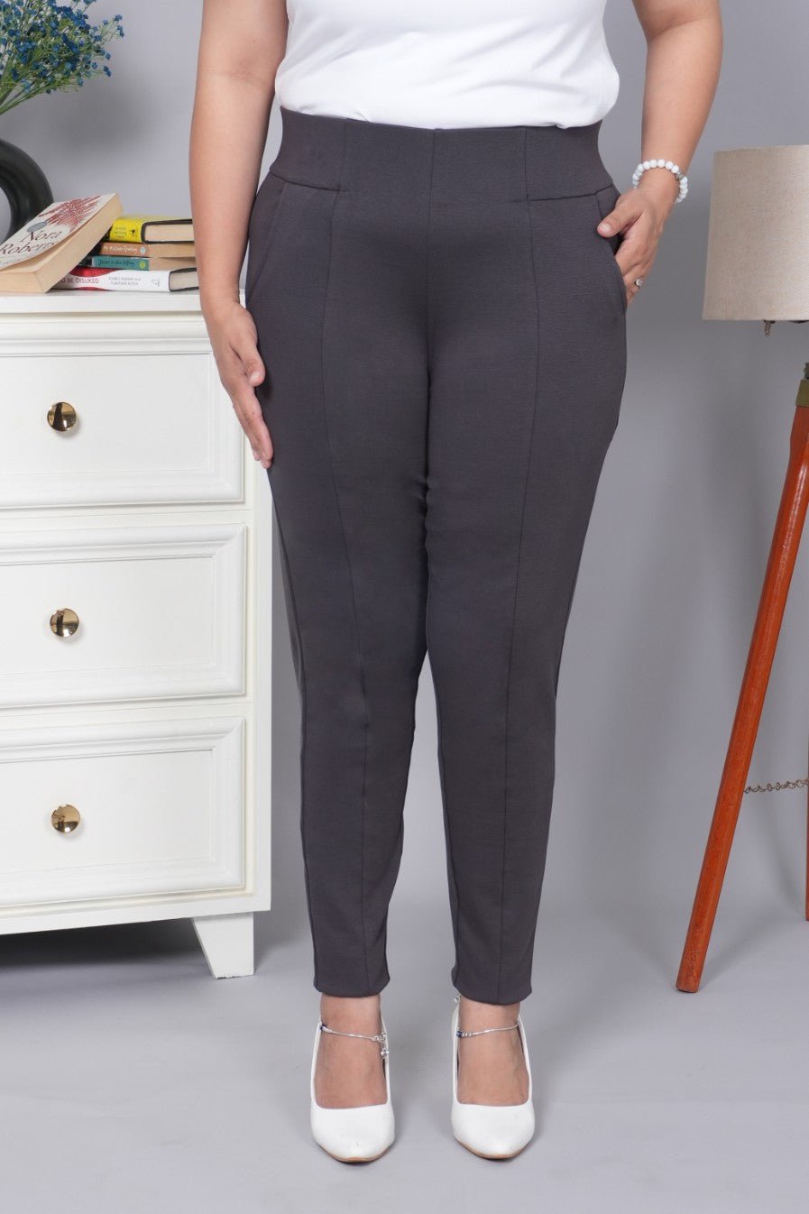 Charcoal stretchable biowash USA HQ cotton premium jegging pant with pockets & superior elastic belt. - Milano jegging pants with pcoket