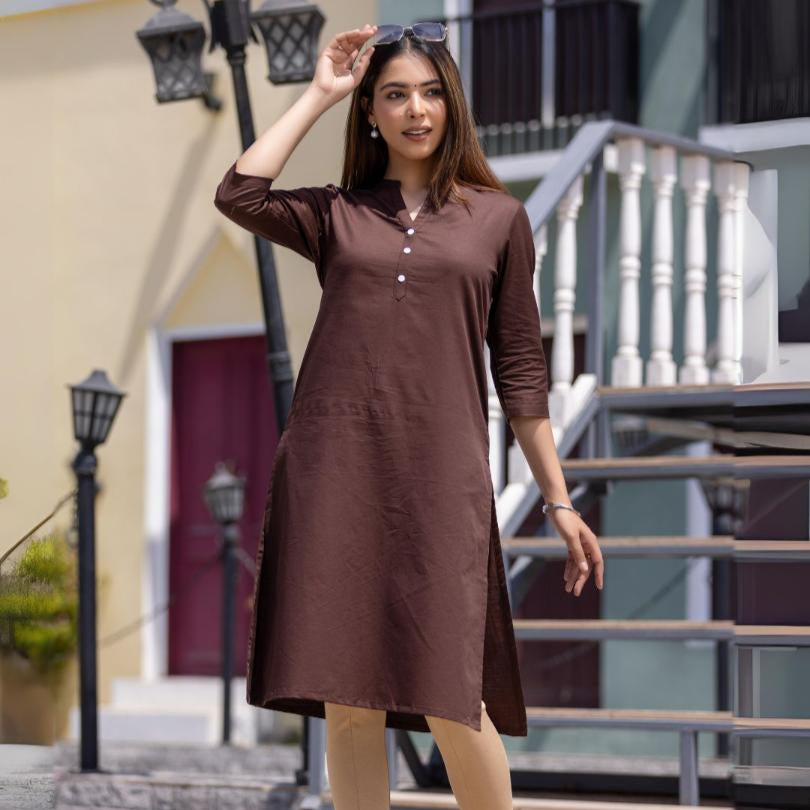 Coffee Bean Cotton Linen Long Kurti for officewear - Long kurti