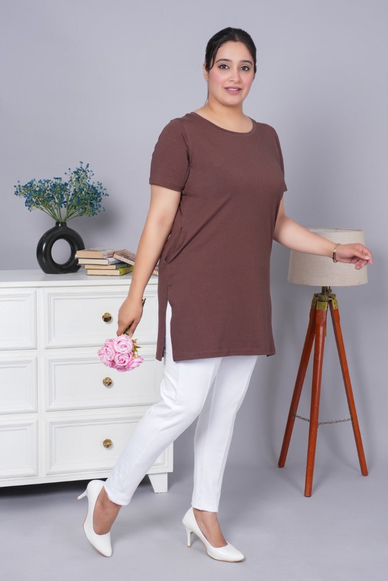 Coffee bean long round neck cotton t-shirt with pockets - Long cotton t-shirt