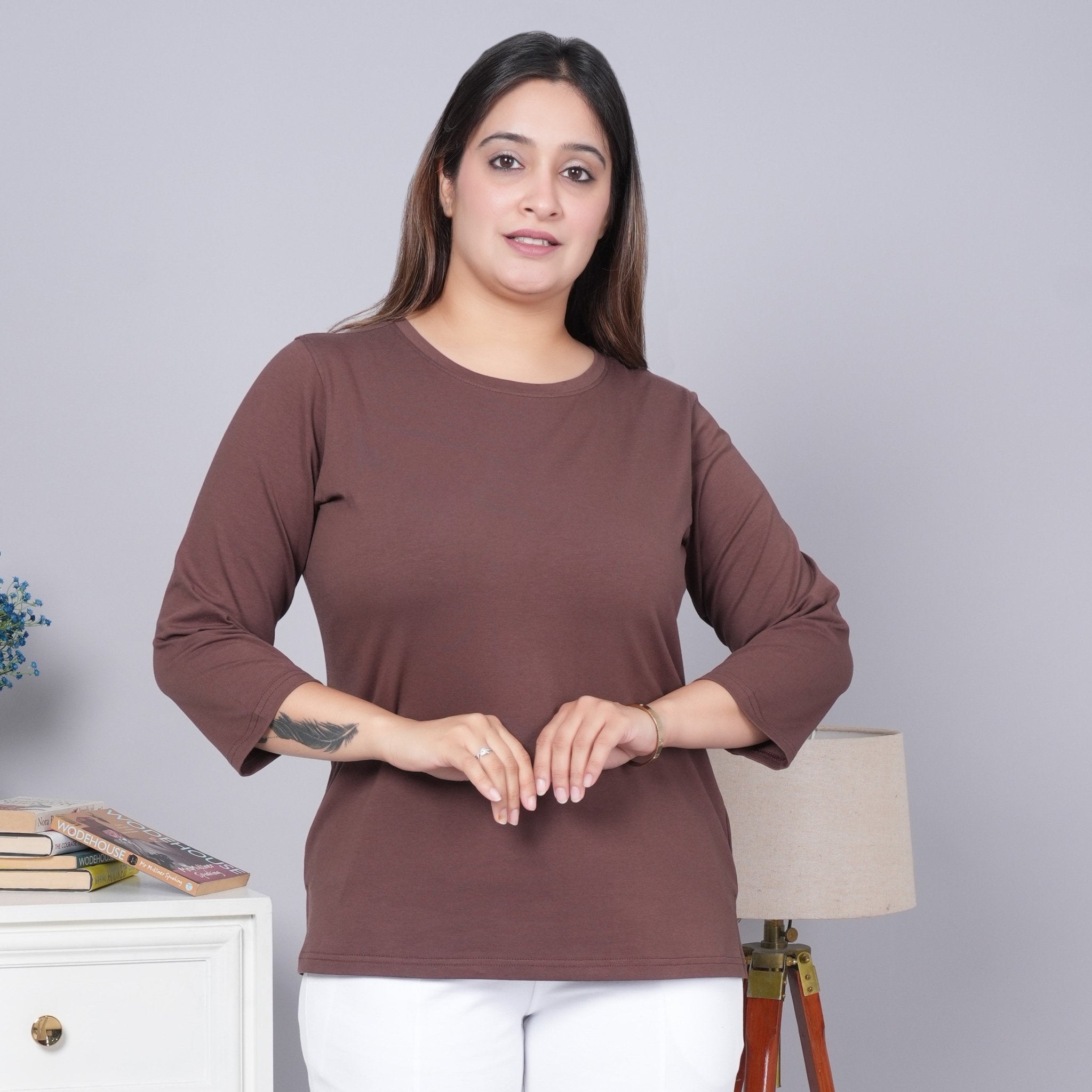 Coffee bean Round Neck Cotton 3/4 Sleeve T Shirt - Cotton t shirt