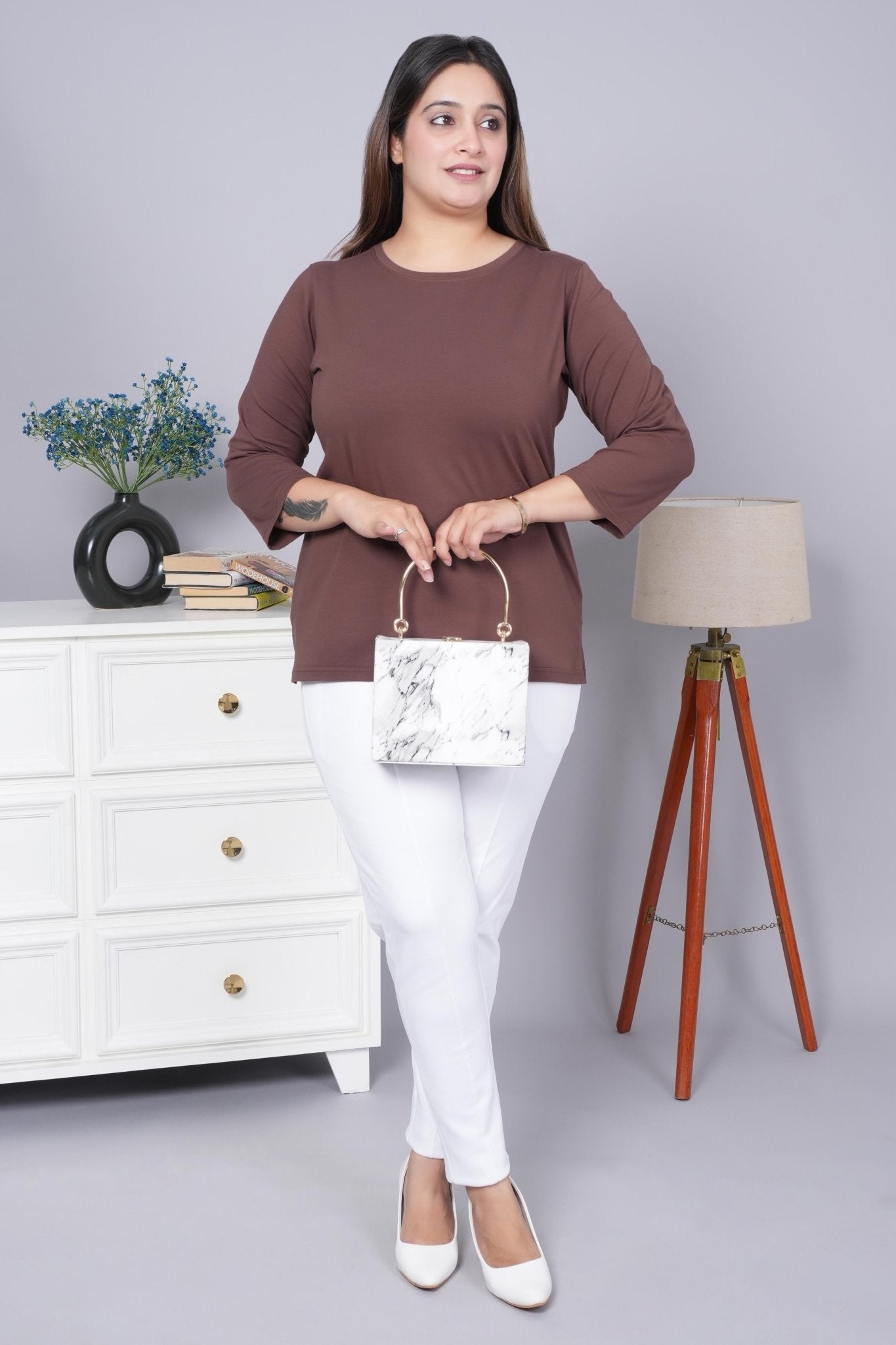 Coffee bean Round Neck Cotton 3/4 Sleeve T Shirt - Cotton t shirt