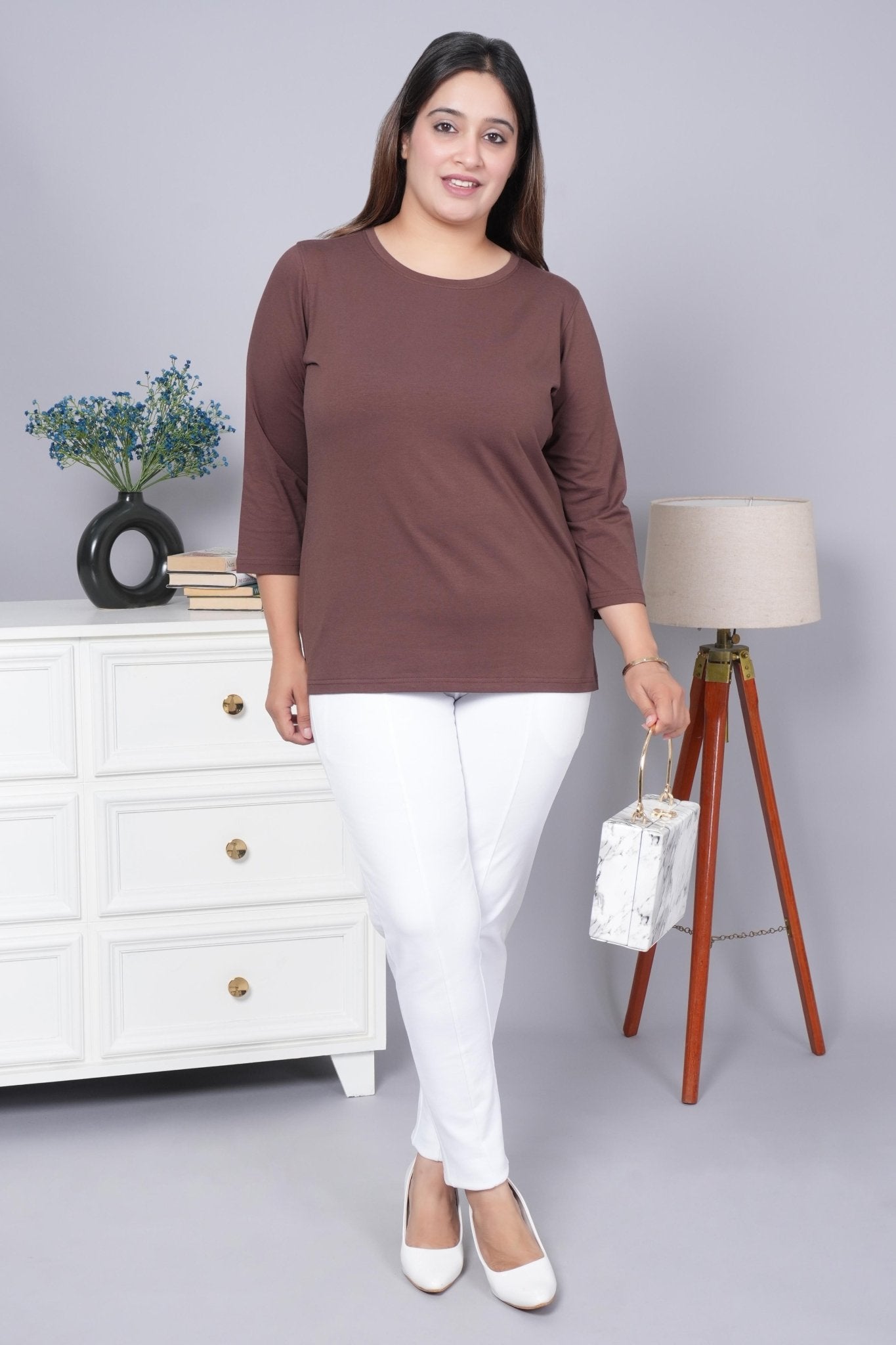 Coffee bean Round Neck Cotton 3/4 Sleeve T Shirt - Cotton t shirt