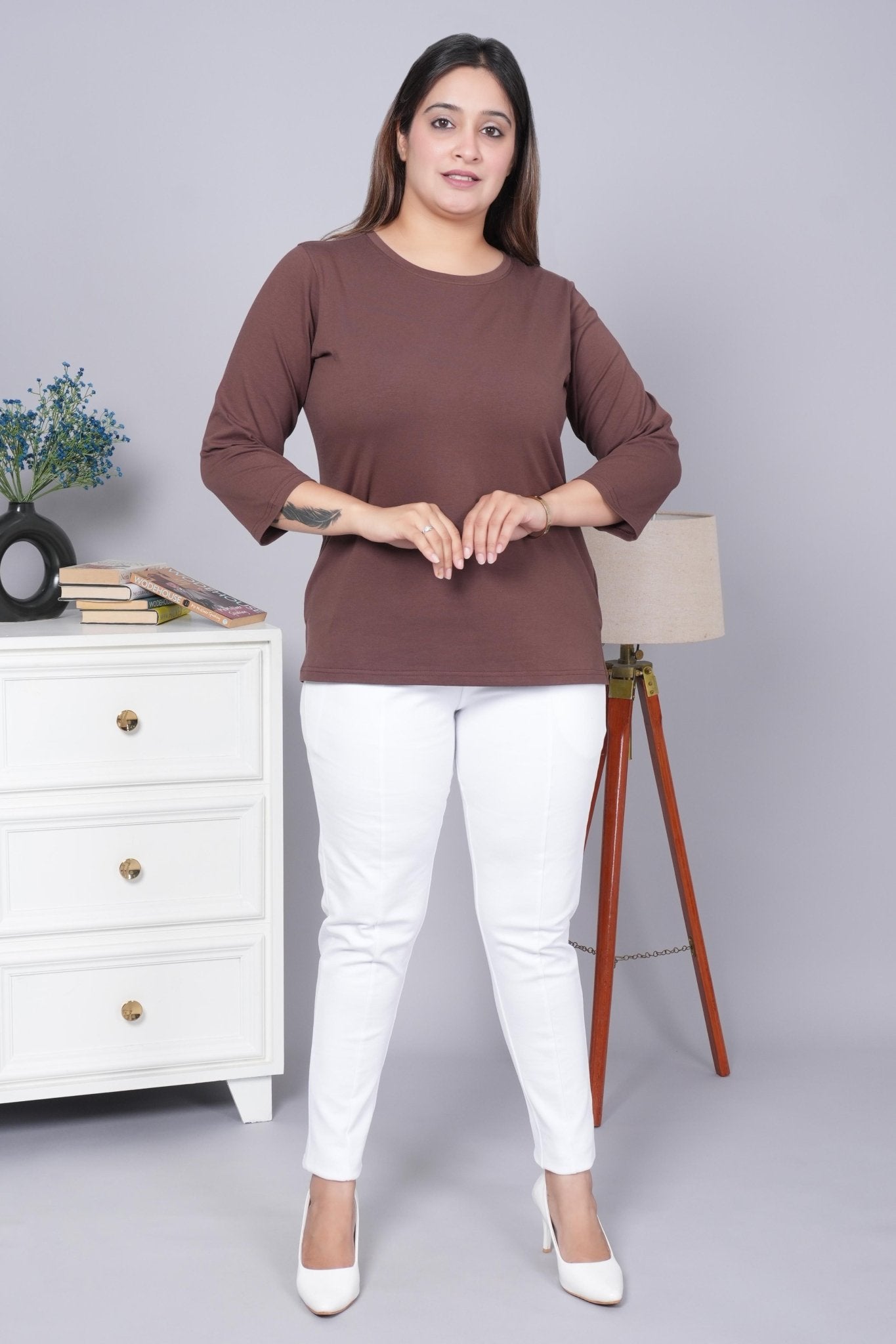 Coffee bean Round Neck Cotton 3/4 Sleeve T Shirt - Cotton t shirt