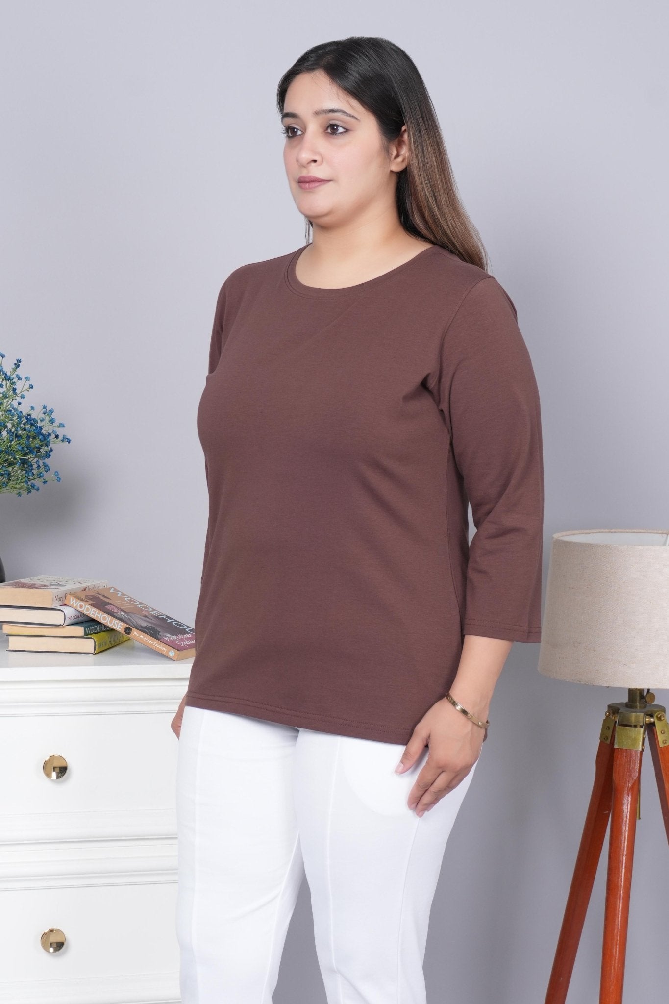 Coffee bean Round Neck Cotton 3/4 Sleeve T Shirt - Cotton t shirt