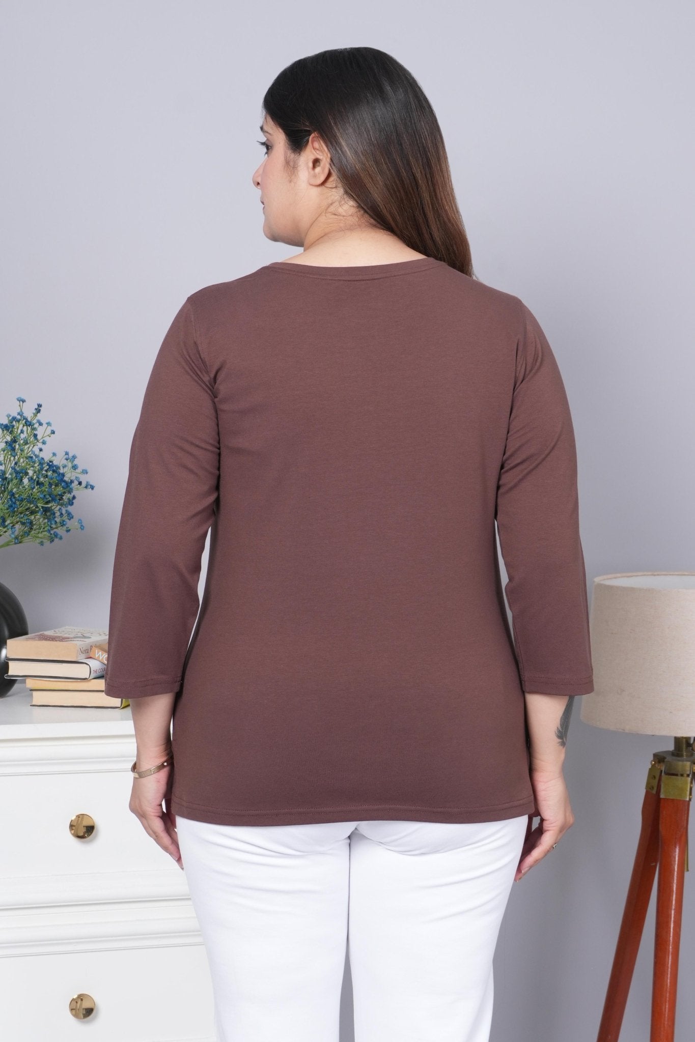 Coffee bean Round Neck Cotton 3/4 Sleeve T Shirt - Cotton t shirt