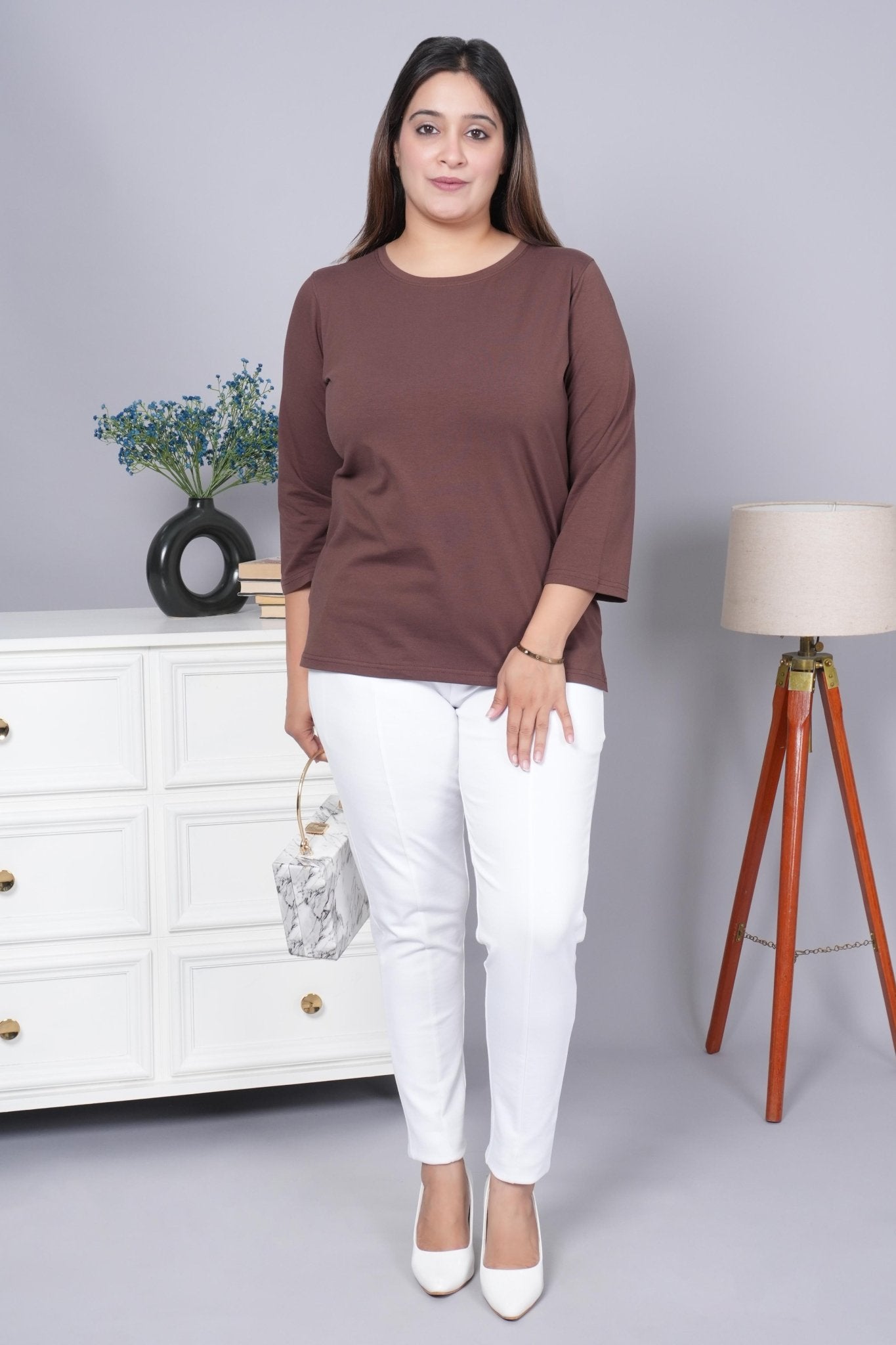 Coffee bean Round Neck Cotton 3/4 Sleeve T Shirt - Cotton t shirt