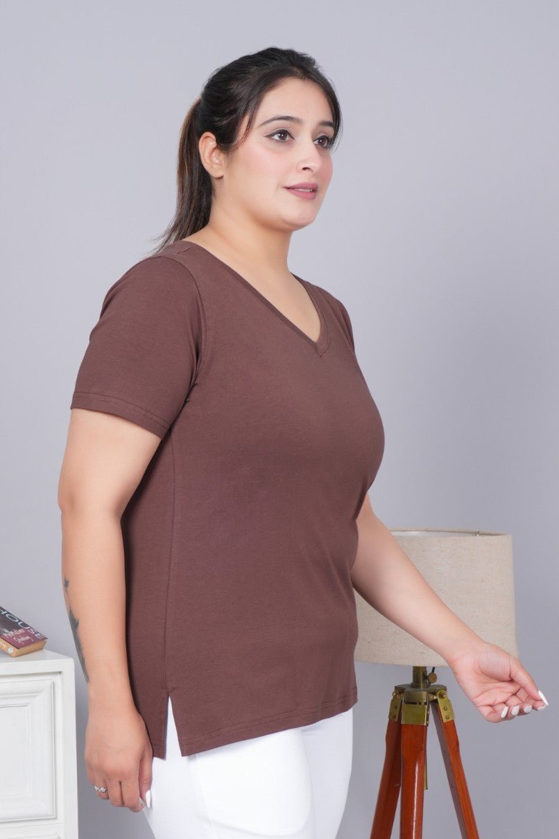Coffee bean v neck cotton t-shirt with pockets - Long cotton v neck t-shirt