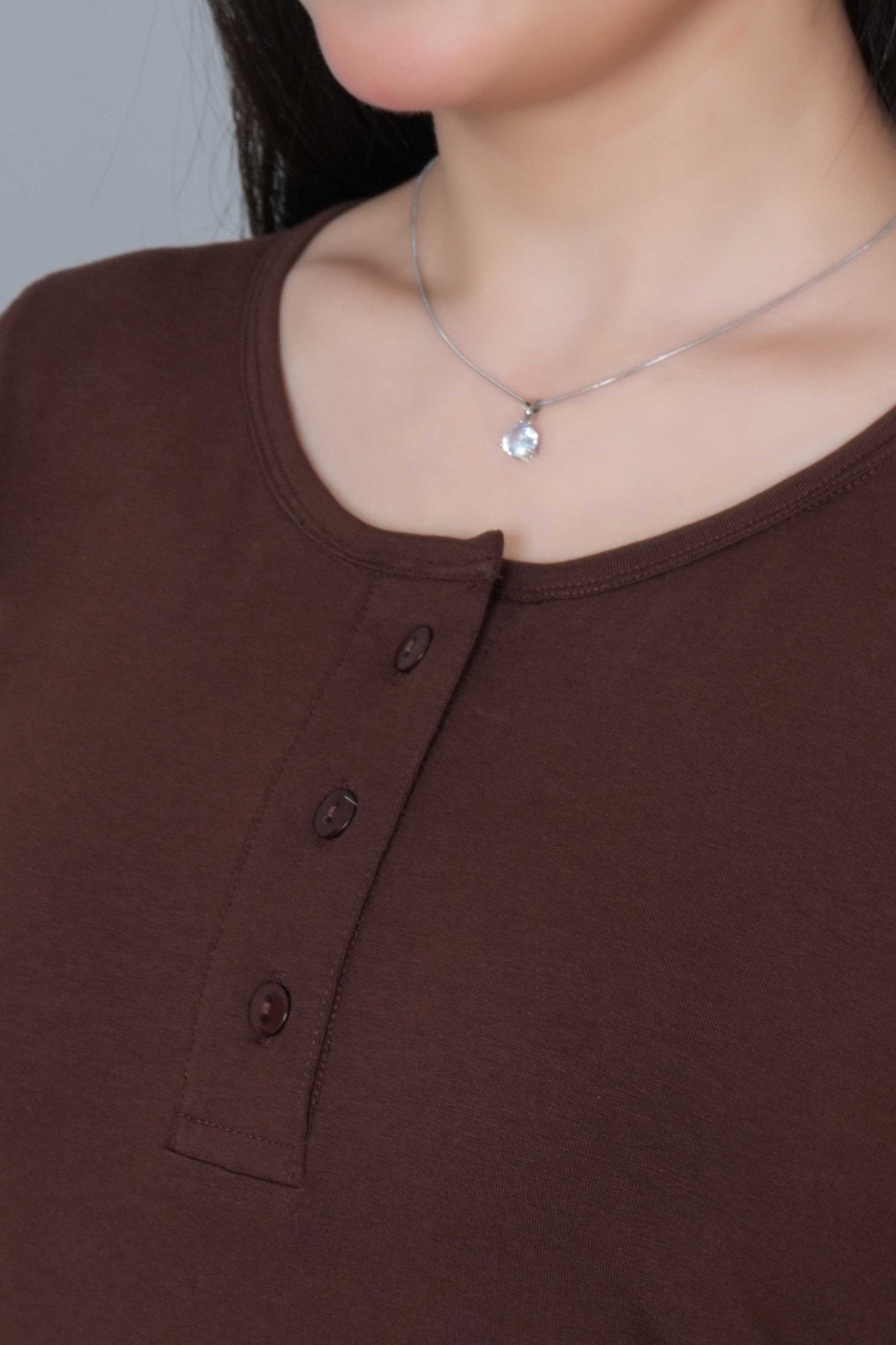 Coffee long round neck henley cotton lycra t-shirt with pockets - Long cotton t-shirt