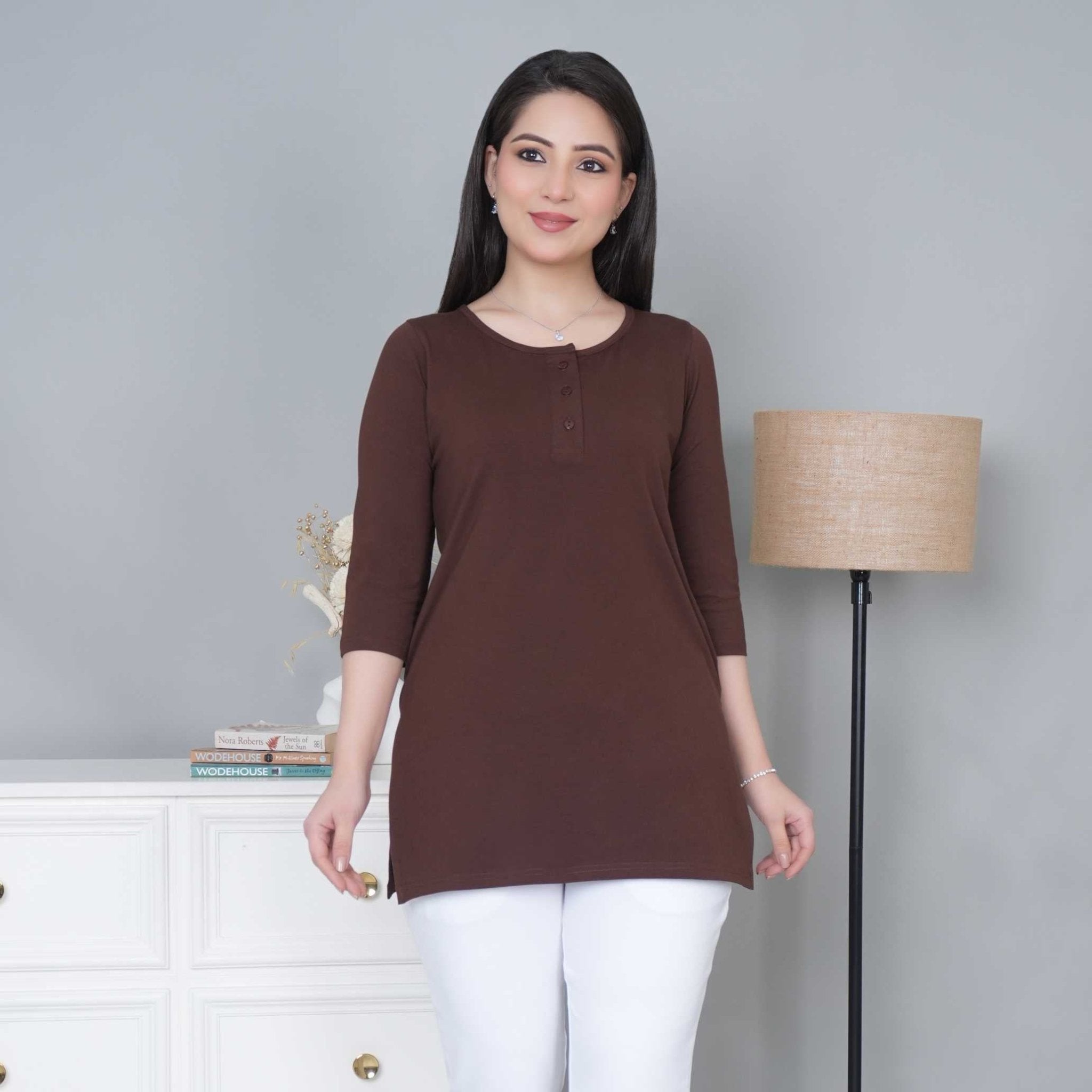 Coffee long round neck henley cotton lycra t-shirt with pockets - Long cotton t-shirt