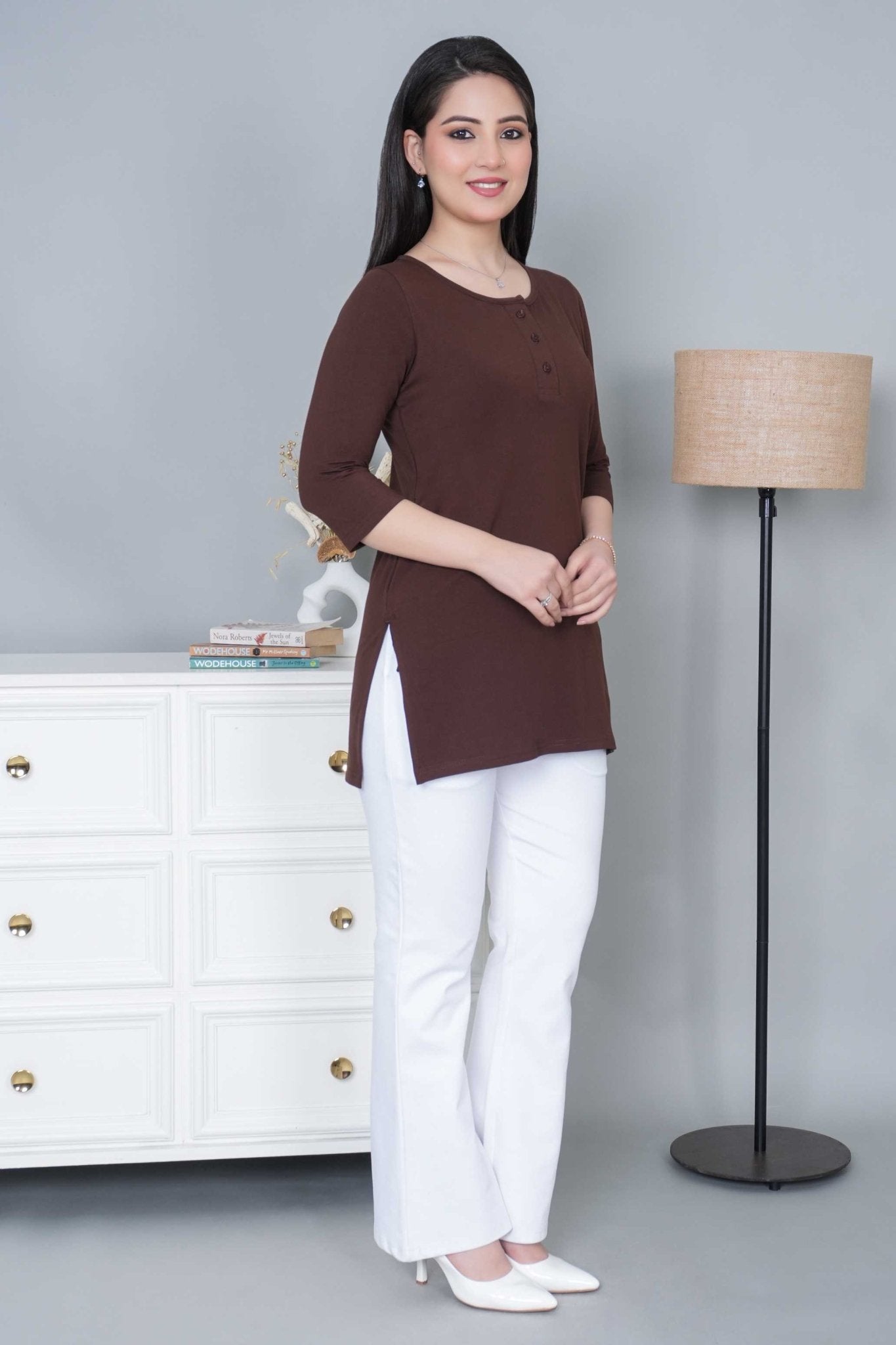 Coffee long round neck henley cotton lycra t-shirt with pockets - Long cotton t-shirt