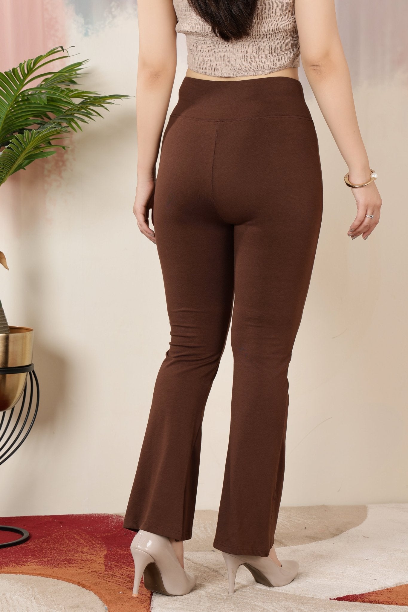 Coffee stretchable biowash cotton lycra flare legging with superior elastic belt. -Cotton flare