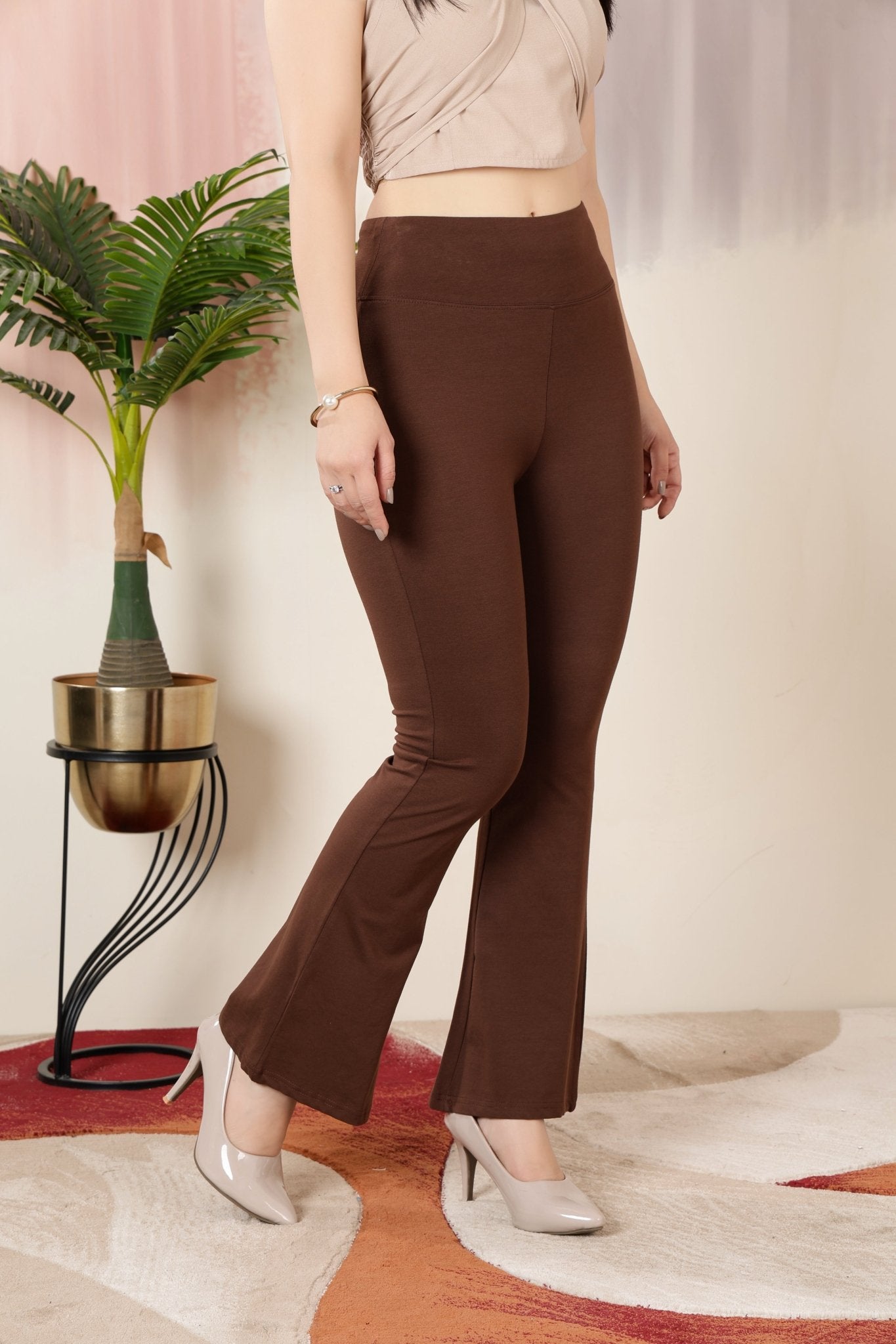 Coffee stretchable biowash cotton lycra flare legging with superior elastic belt. -Cotton flare