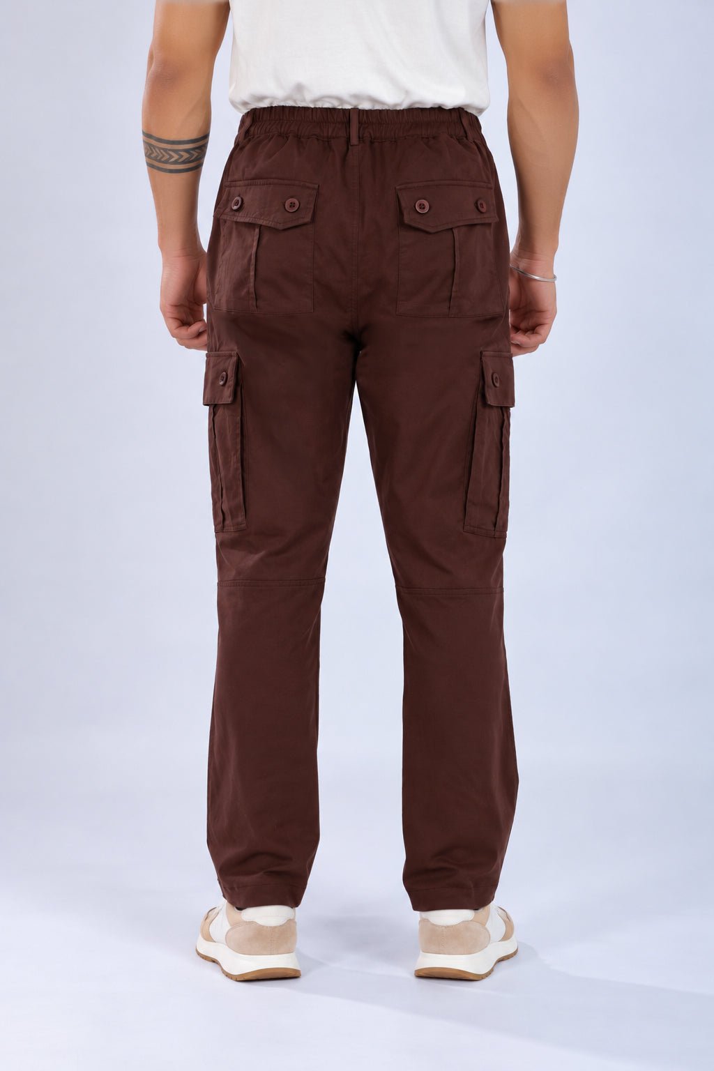 Coffee stretchable biowash HQ cotton travel cargo bottom with superior elastic belt. -Travel Cargo Pants