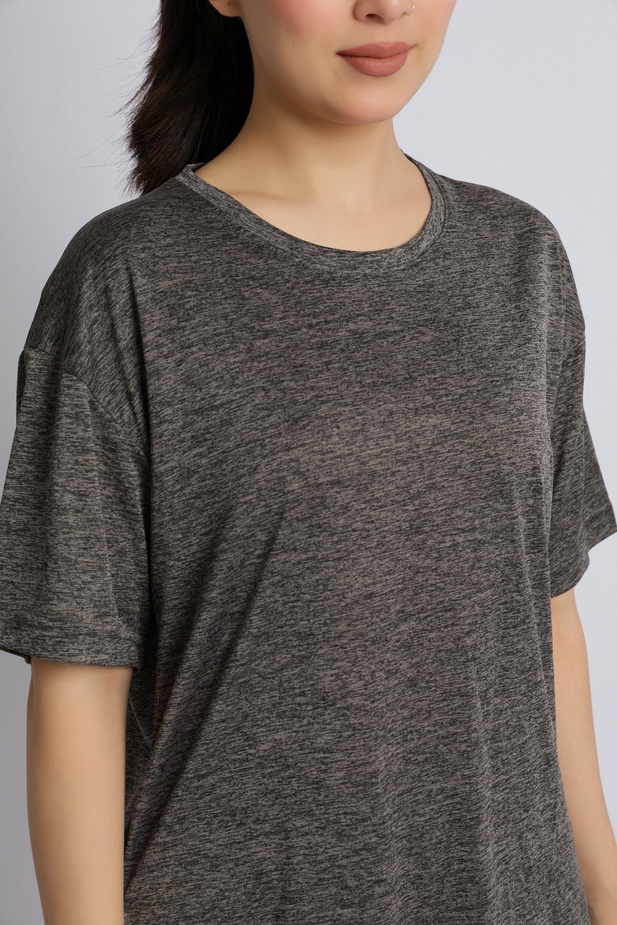 Dark grey melange active off shoulder tshirt -Active off shoulder tshirt