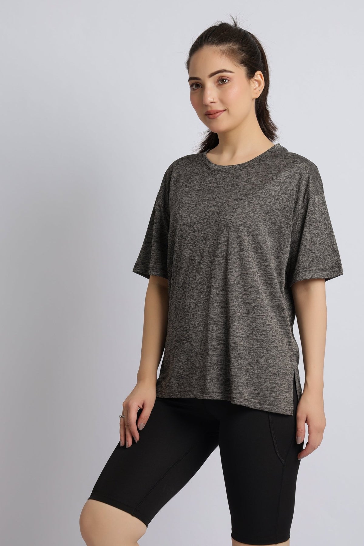 Dark grey melange active off shoulder tshirt -Active off shoulder tshirt