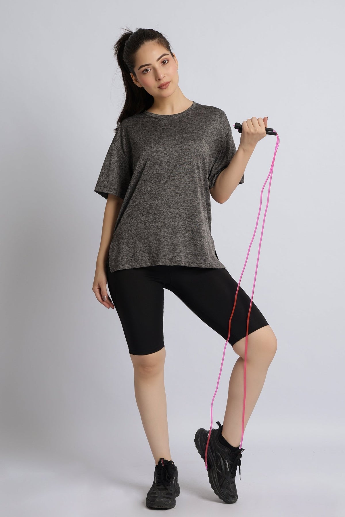 Dark grey melange active off shoulder tshirt -Active off shoulder tshirt
