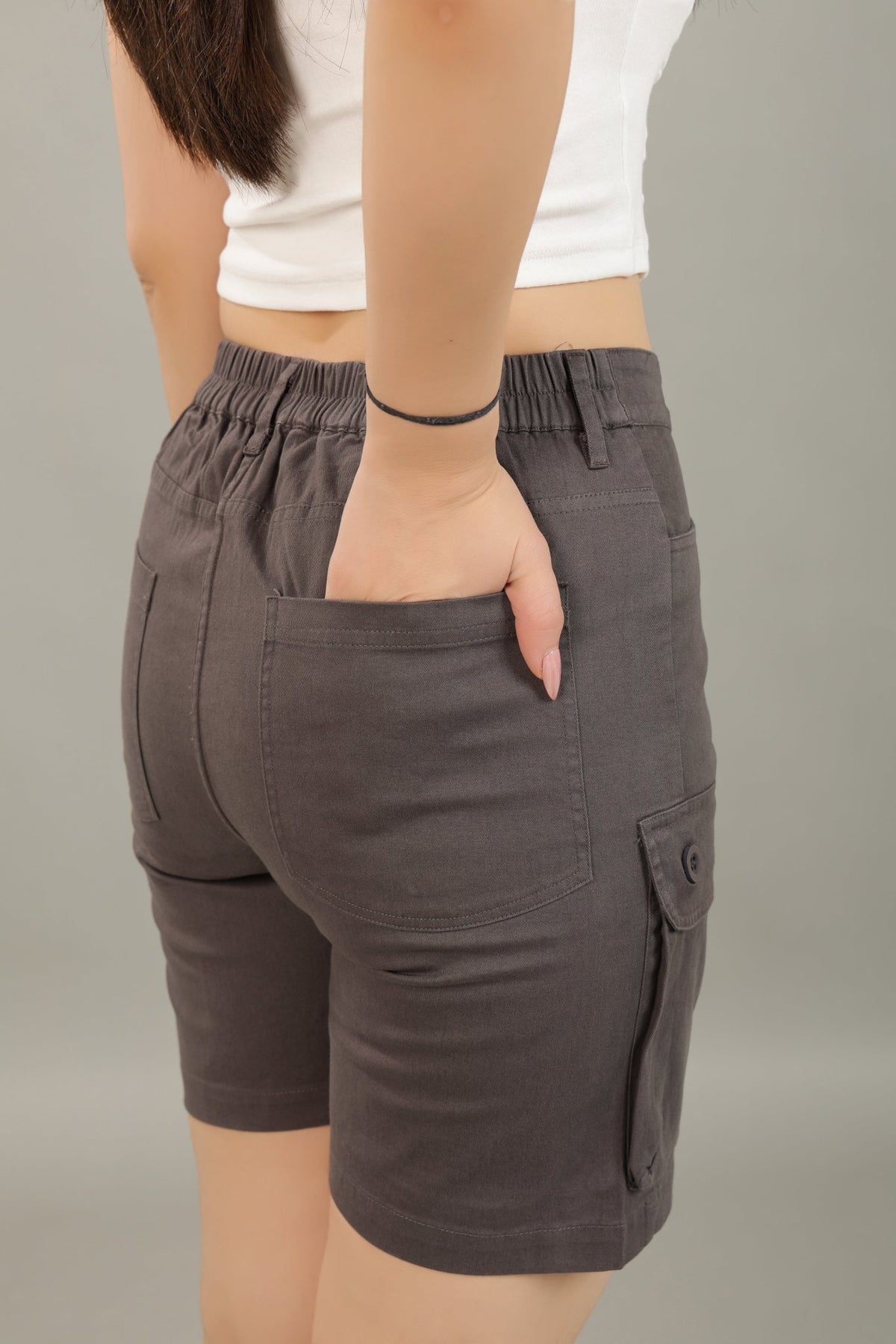 Dark Grey stretchable biowash USA HQ cotton travel shorts with superior elastic belt. -Travel shorts