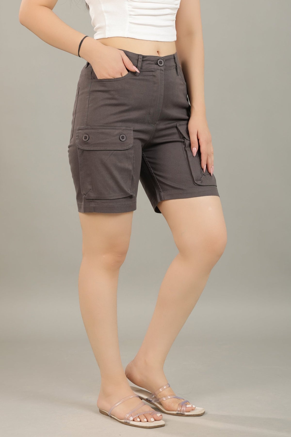 Dark Grey stretchable biowash USA HQ cotton travel shorts with superior elastic belt. -Travel shorts