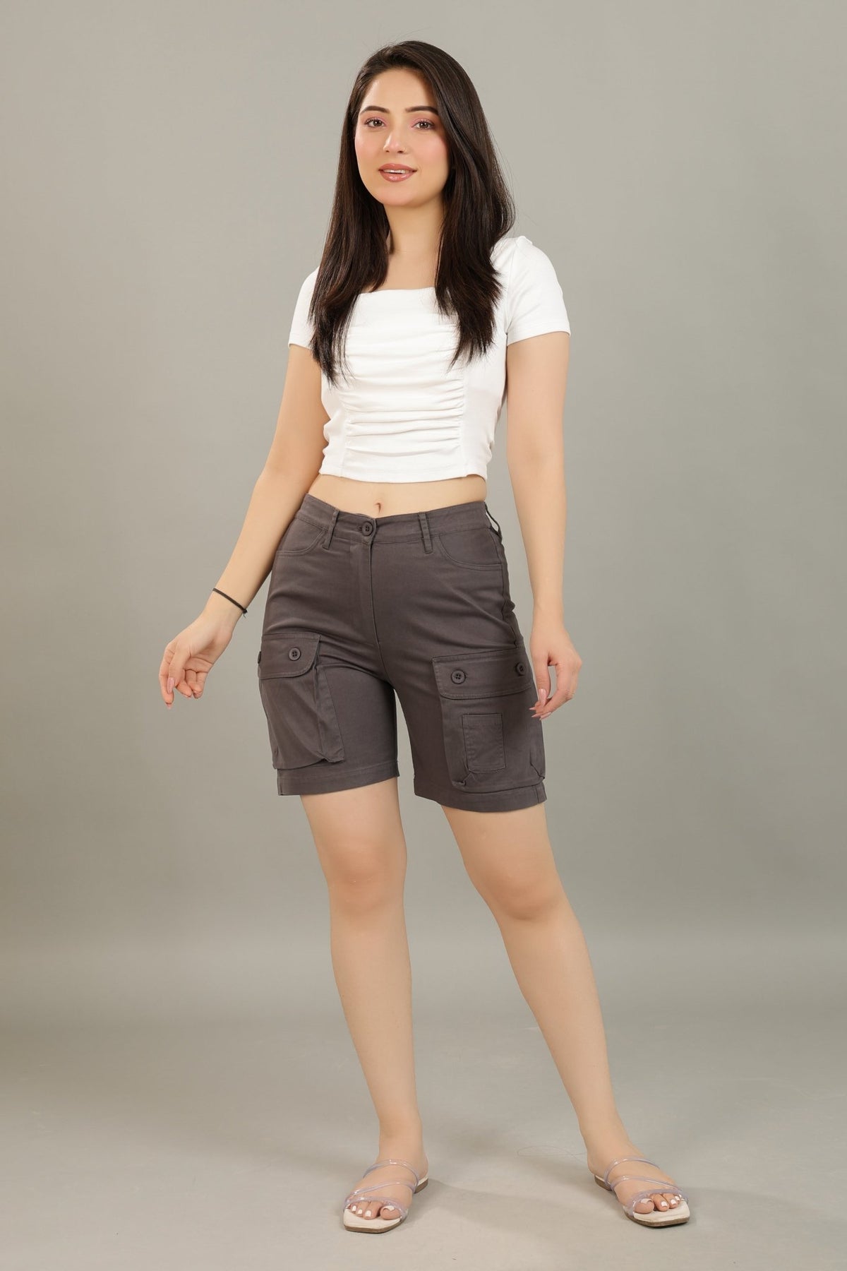 Dark Grey stretchable biowash USA HQ cotton travel shorts with superior elastic belt. -Travel shorts