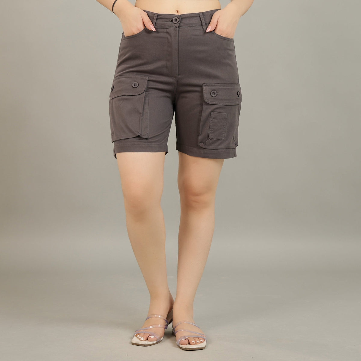 Dark Grey stretchable biowash USA HQ cotton travel shorts with superior elastic belt. -Travel shorts