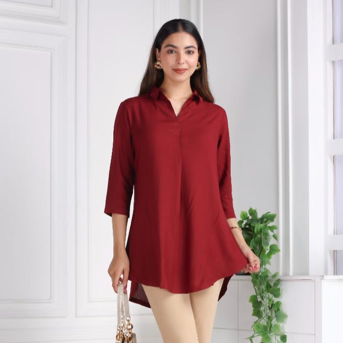 Dark maroon rayon flare top for women, casual formal tops for