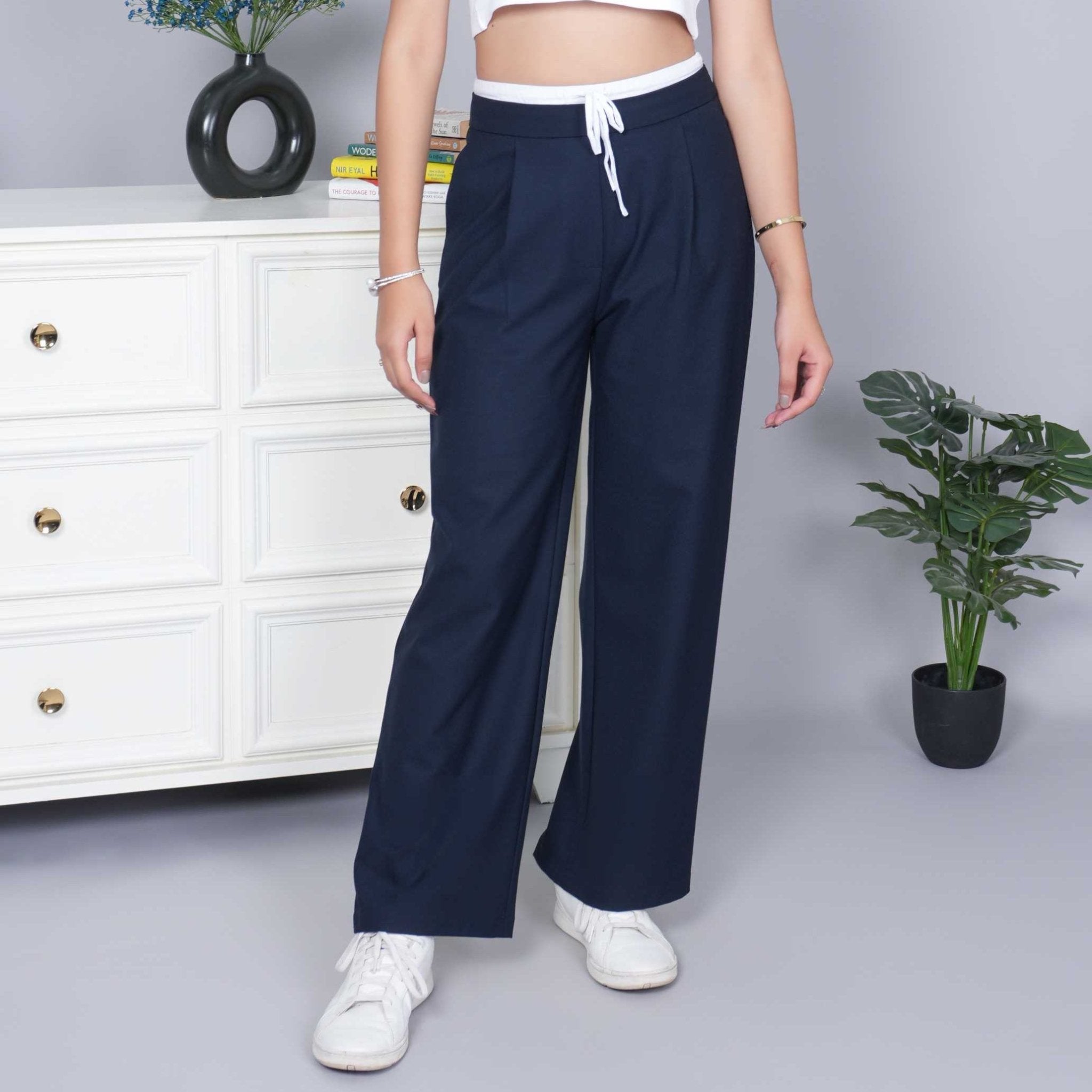 Dark navy high waist belted trouser with spandex - High waist belted trouser