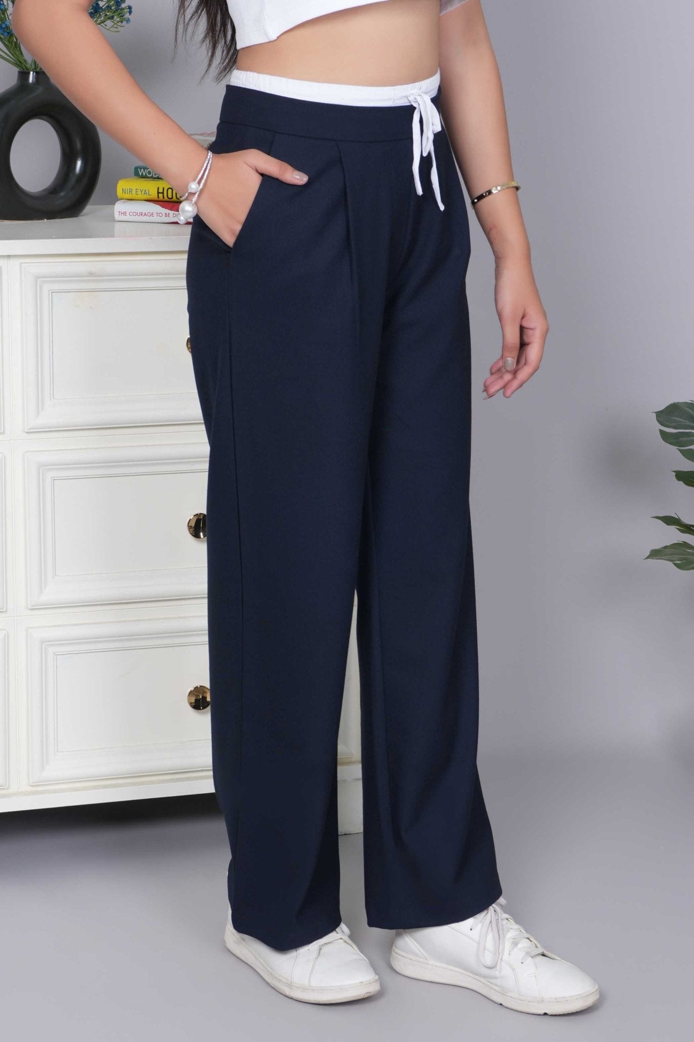 Dark navy high waist belted trouser with spandex - High waist belted trouser