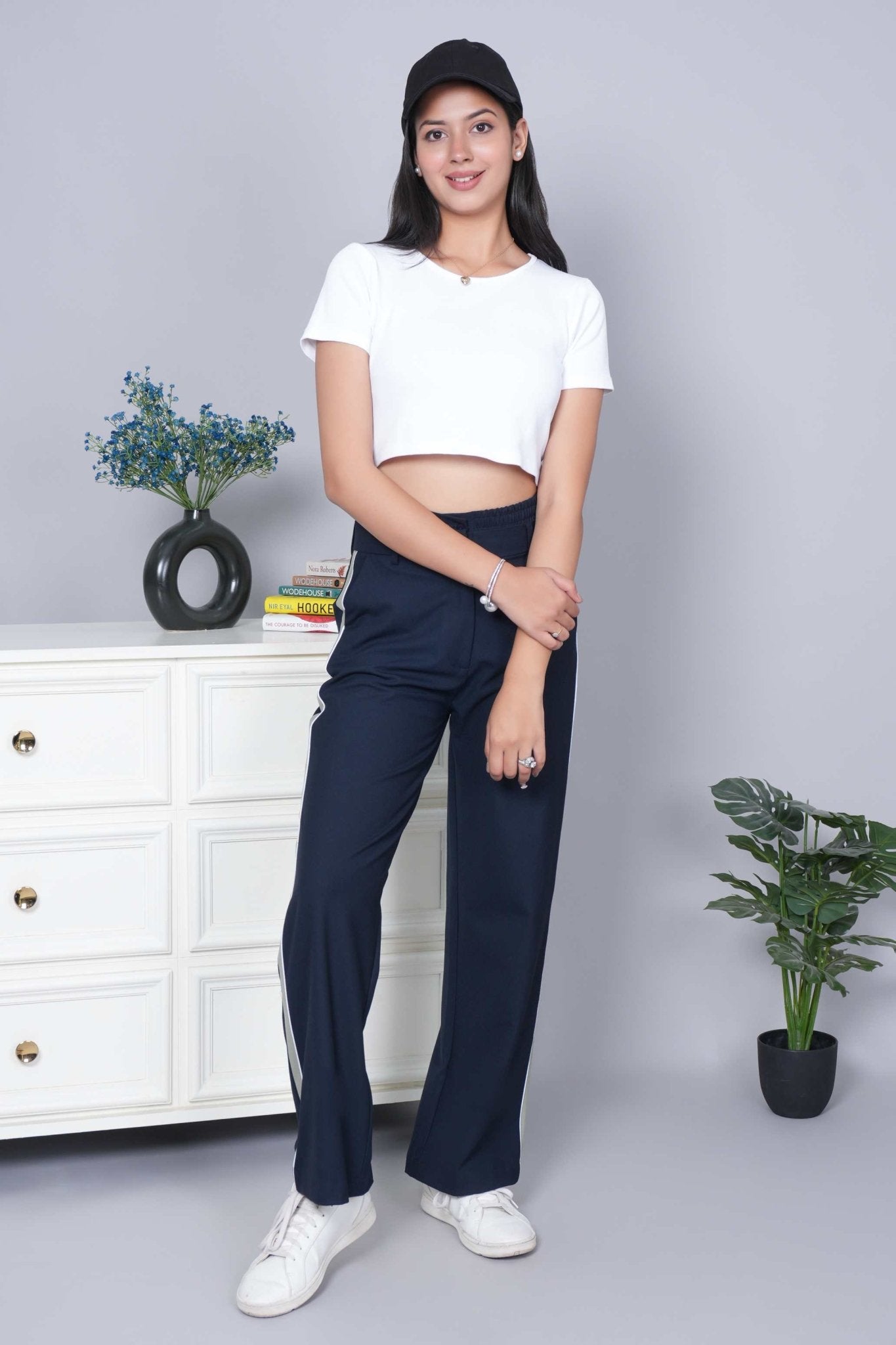 Dark navy high waist retro trouser with spandex - High waist retro trouser