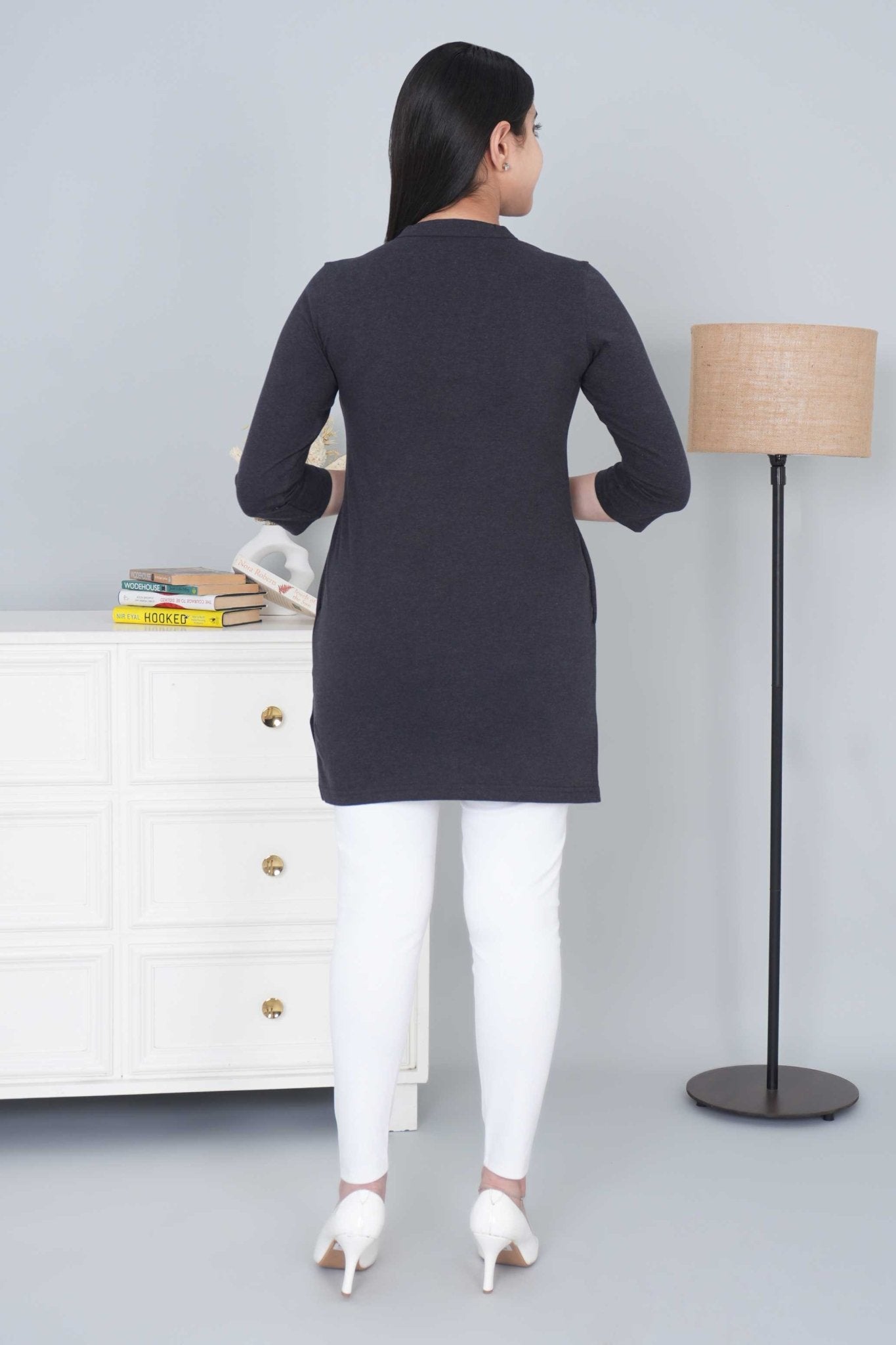 Dark navy melange cotton kurti tshirt with pockets - Kurti tshirt