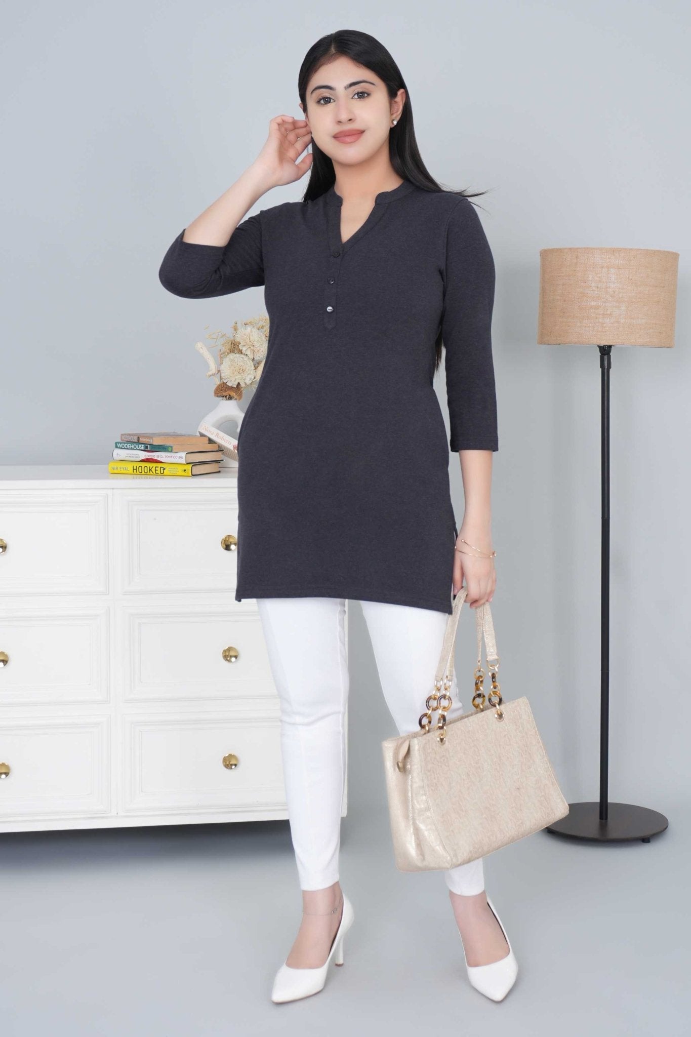 Dark navy melange cotton kurti tshirt with pockets - Kurti tshirt