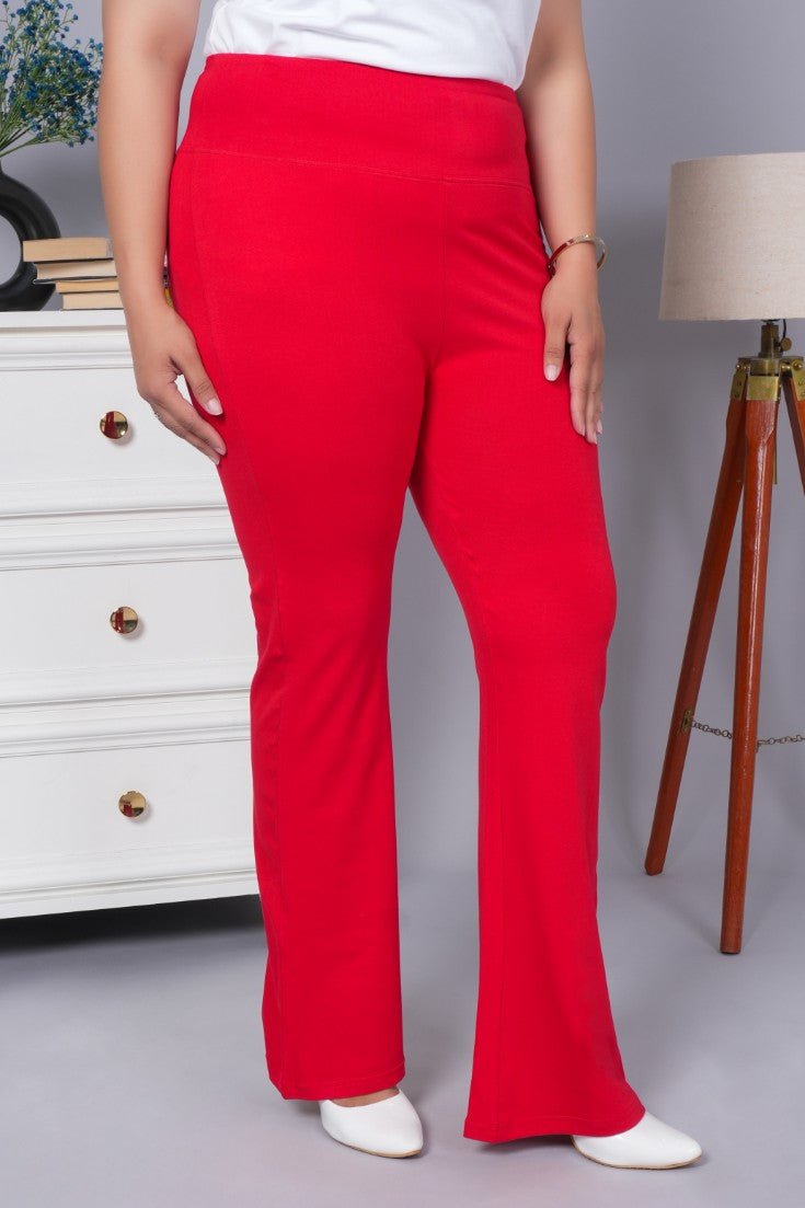 Dark rose stretchable biowash cotton flare pants with superior elastic belt. - Cotton flare