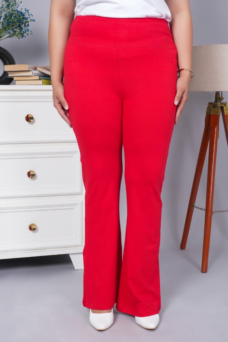 Dark rose stretchable biowash cotton flare pants with superior elastic belt. - Cotton flare