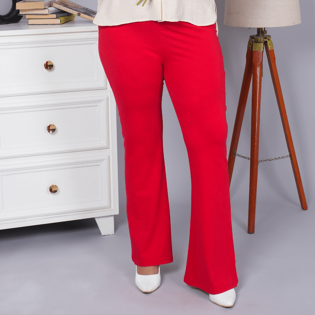 Dark rose stretchable biowash cotton flare pants with superior elastic belt. - Cotton flare