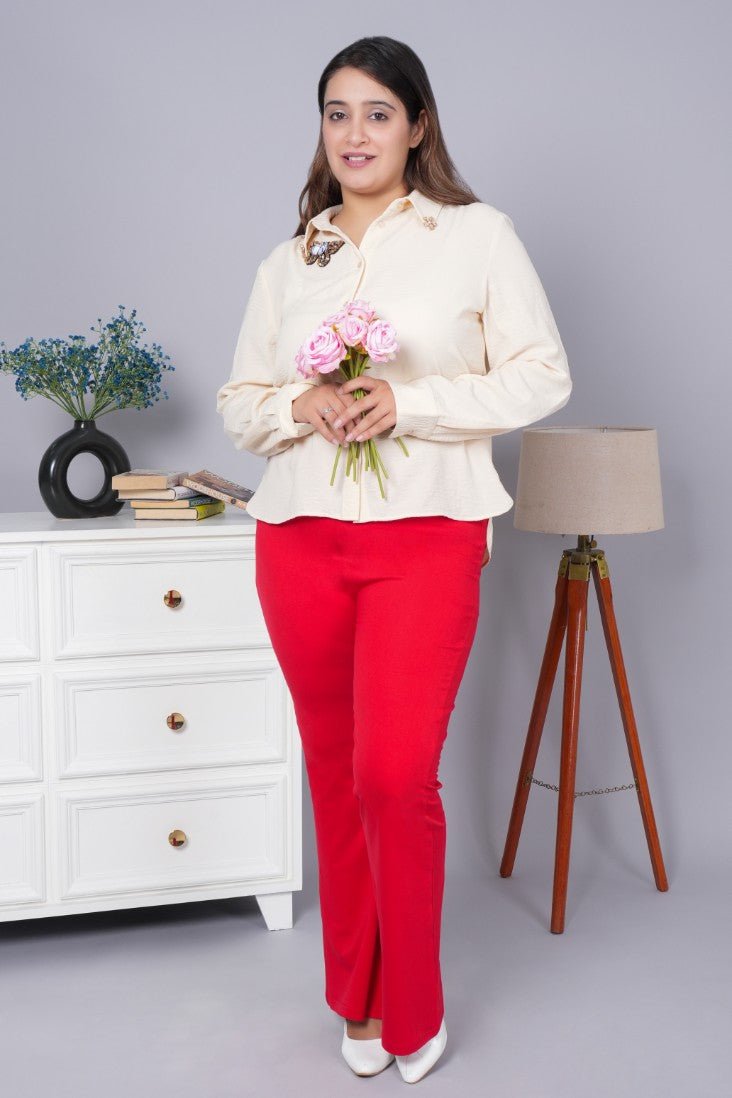 Dark rose stretchable biowash cotton flare pants with superior elastic belt. - Cotton flare