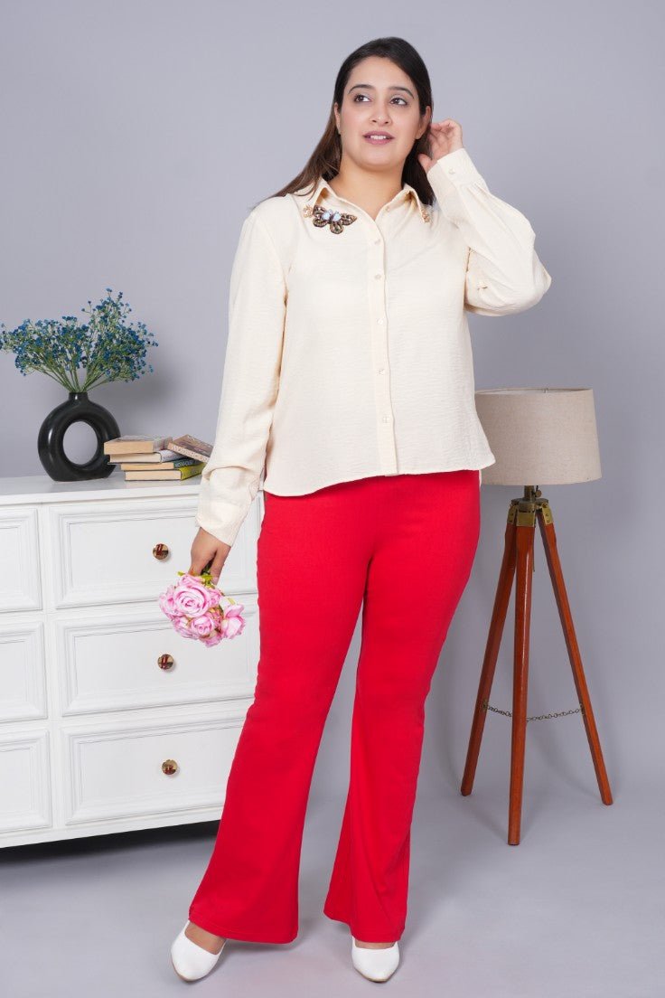 Dark rose stretchable biowash cotton flare pants with superior elastic belt. - Cotton flare