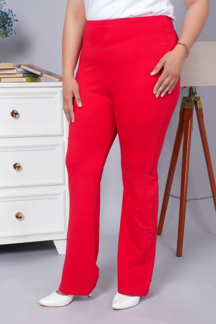 Dark rose stretchable biowash cotton flare pants with superior elastic belt. - Cotton flare