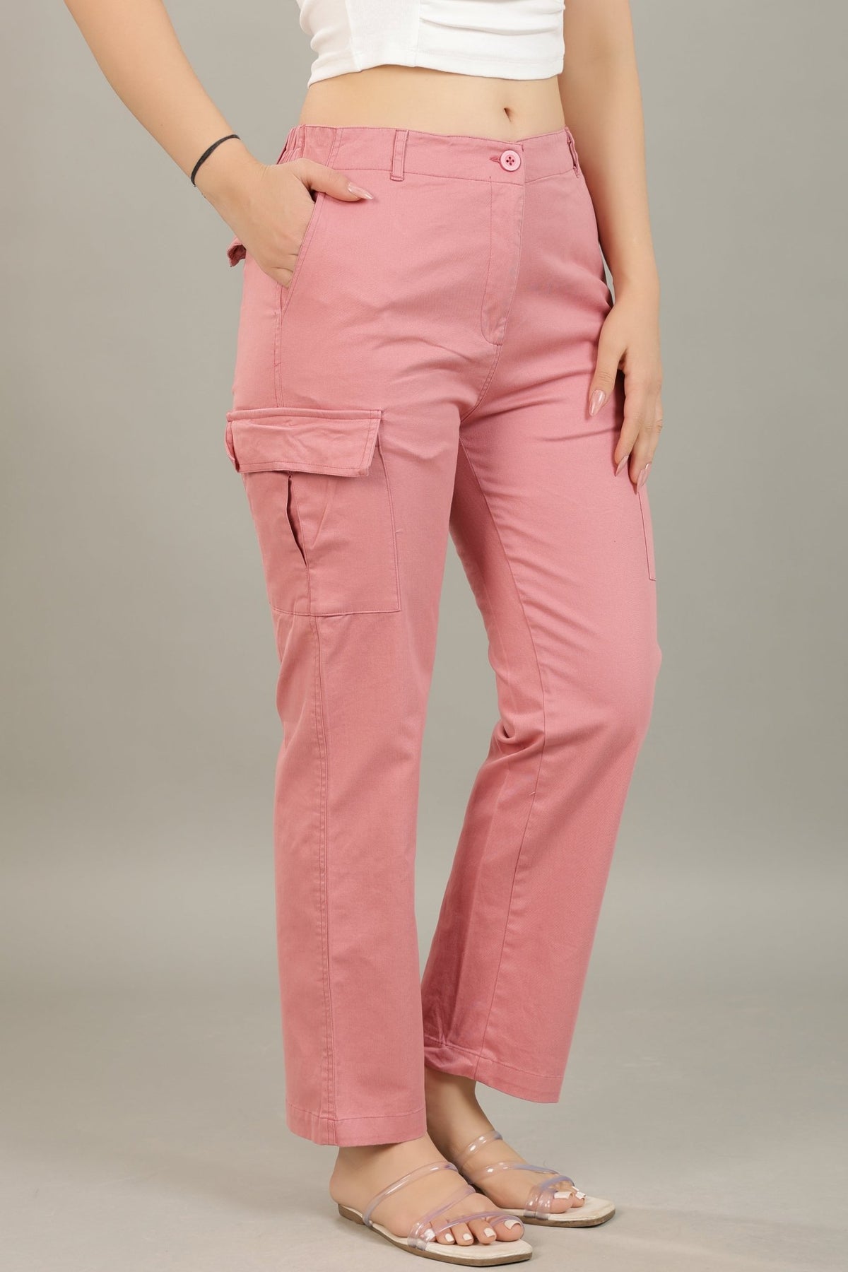 Dusty Pink stretchable biowash USA HQ cotton travel cargo pant with superior elastic belt. -Travel Cargo Pants