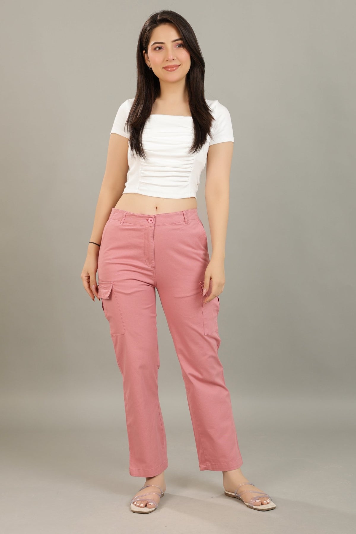 Dusty Pink stretchable biowash USA HQ cotton travel cargo pant with superior elastic belt. -Travel Cargo Pants