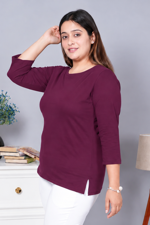 Plum Round Neck Cotton Lycra 3/4 Sleeve T Shirt